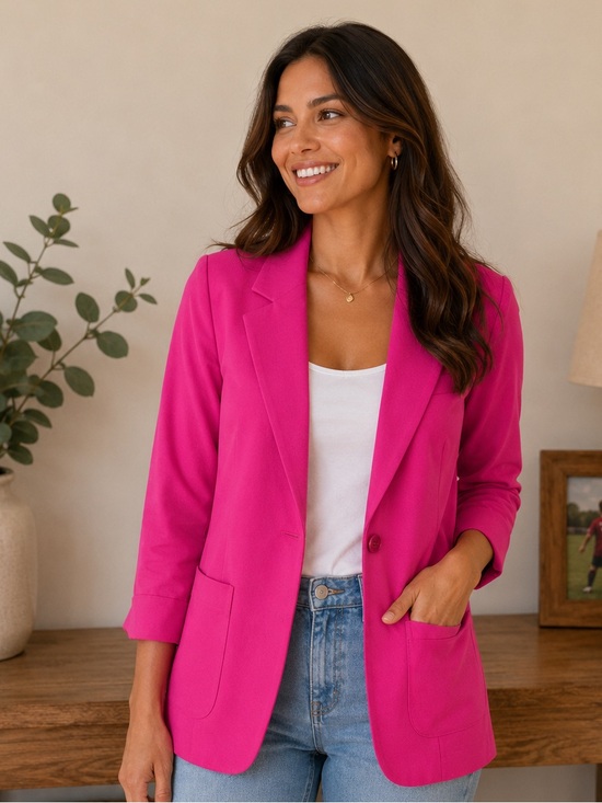 Jackets & Blazers - Women’s Fuchsia Lightweight Blazer Jacket - Brand Unknown Large Shoulder Pads